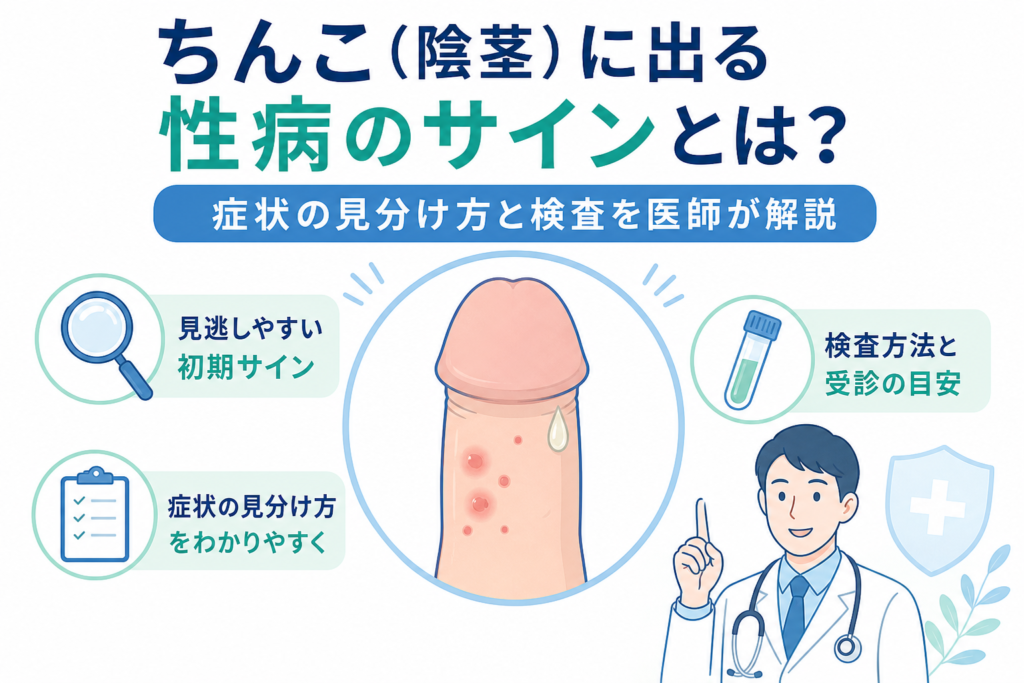 陰茎（ちんこ）に出る性病のサインと症状の見分け方・検査を解説するアイキャッチ画像