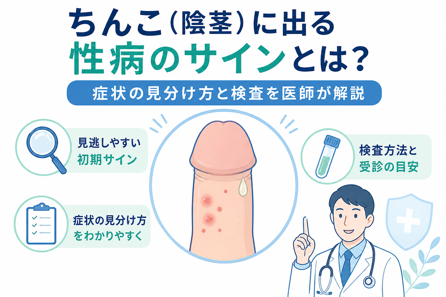 陰茎(ちんこ)に出る性病のサインと症状の見分け方・検査を解説するアイキャッチ画像