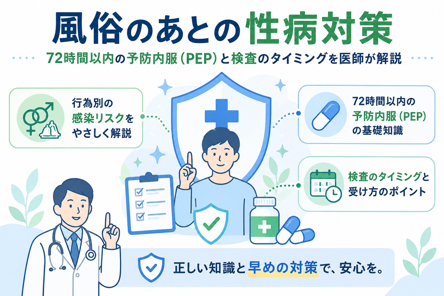 風俗のあとの性病対策|72時間以内の予防内服(PEP)と検査のタイミングを医師が解説